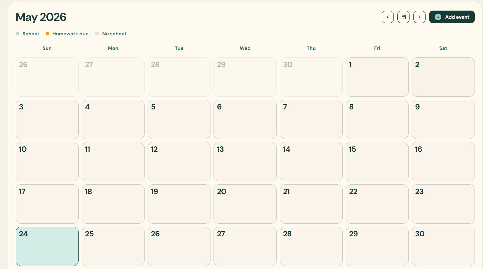 Full month calendar — May 2026