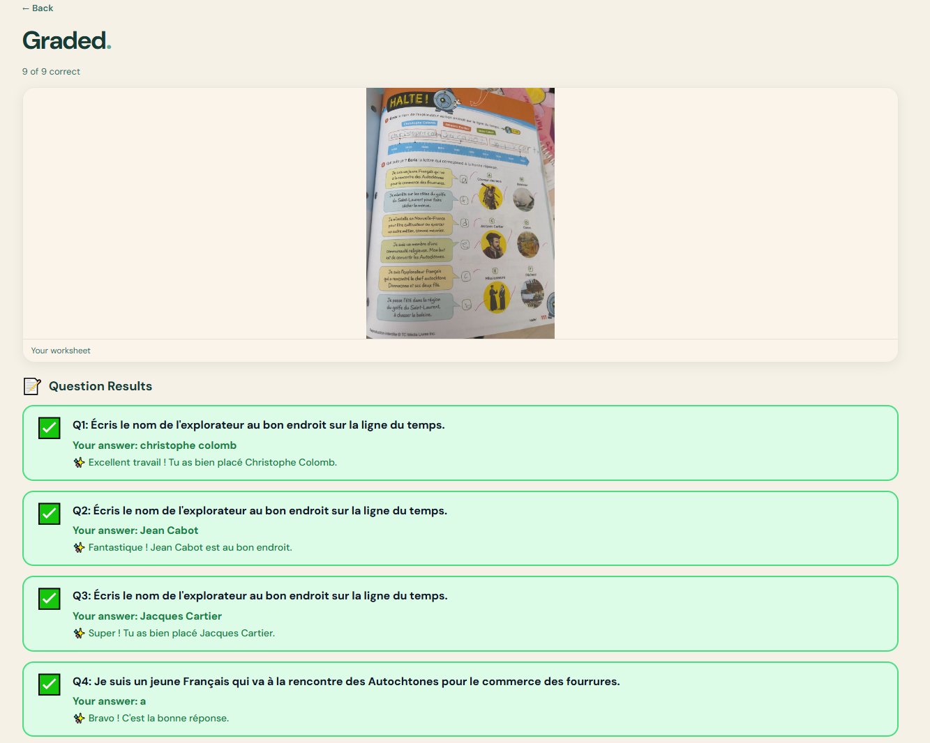 Graded French worksheet — 9 of 9 correct