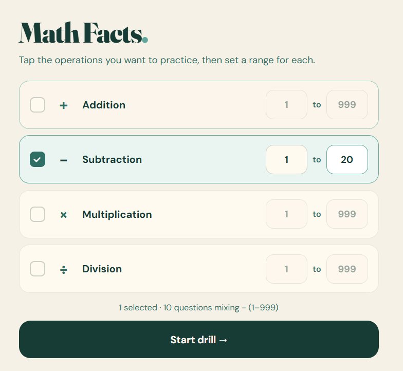 Math Facts setup — choose operations and number range